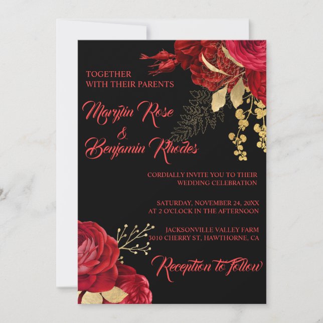 RED AND GOLD ELEGANT ROSE WEDDING INVITATIONS (Front)