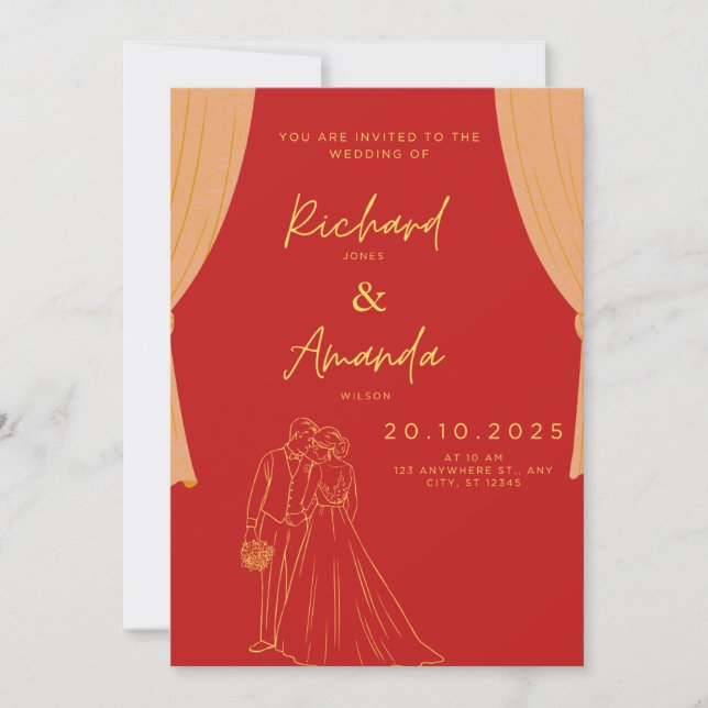 Red and Gold Elegant Wedding Reception Invitation  (Front)