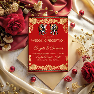 Red and gold elephants Indian wedding reception Invitation