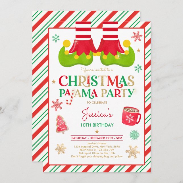 Red And Gold Elf Christmas Pajama Birthday Party Invitation (Front/Back)