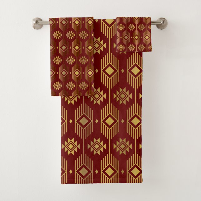 Red and gold ethnic ikat geometric pattern bath towel set (Insitu)