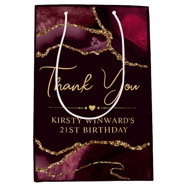Red and Gold Faux Glitter Agate Birthday Medium Gift Bag (Front)