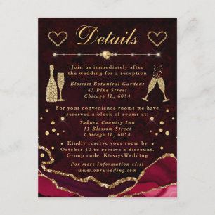 Red and Gold Faux Glitter Agate Wedding Details Enclosure Card
