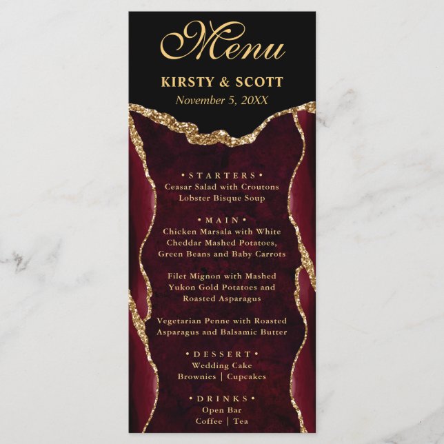 Red and Gold Faux Glitter Agate Wedding Menu (Front)