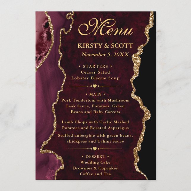 Red and Gold Faux Glitter Agate Wedding Menu (Front)