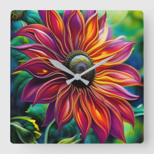 Red and Gold filigree Sunflower Square Wall Clock