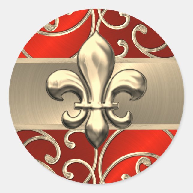 Red and Gold Filigree Swirls Fleur de Lis Classic Round Sticker (Front)