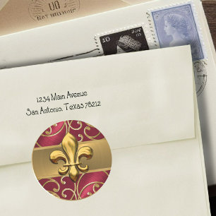 Red and Gold Filigree Swirls Fleur de Lis Classic Round Sticker