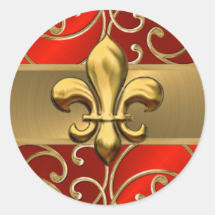 Red and Gold Filigree Swirls Fleur de Lis Classic Round Sticker