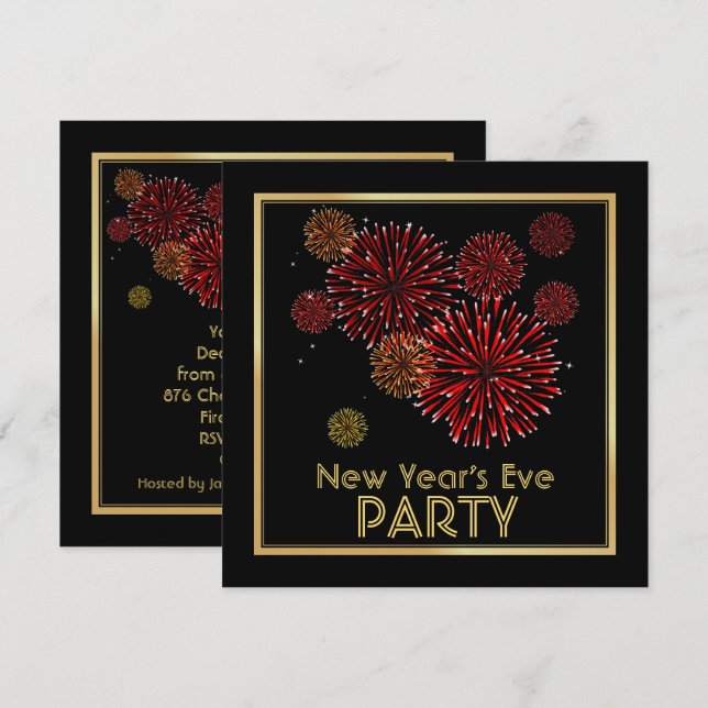 Red and Gold Fireworks New Years Party Invitations (Front/Back)