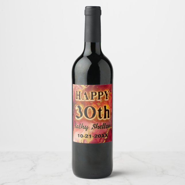 Red and Gold Flaming Hot 30th Birthday Wine Label (Front)