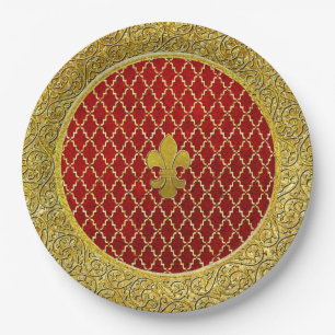Red and Gold Fleur-de-lis Any Occasion Paper Plate