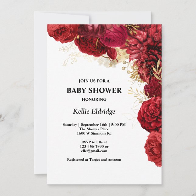 Red And Gold Floral Baby Shower Invitation (Front)