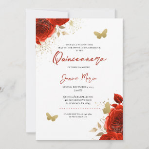 Red and Gold Floral Butterfly Elegant Quinceañera Invitation