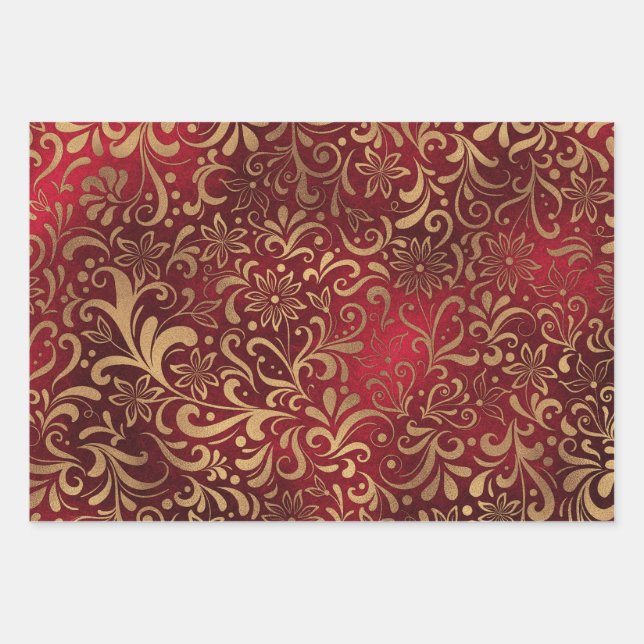 Red and Gold Floral Design Wrapping Paper Set (Front)