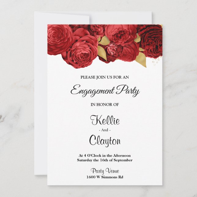 Red And Gold Floral Engagement Party Invitation (Front)