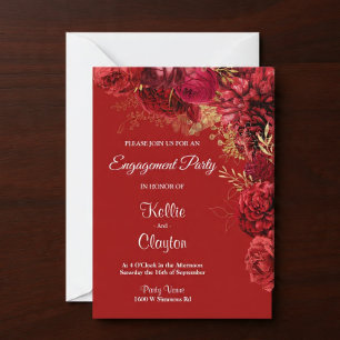 Red And Gold Floral Engagement Party Invitation
