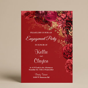 Red And Gold Floral Engagement Party Invitation