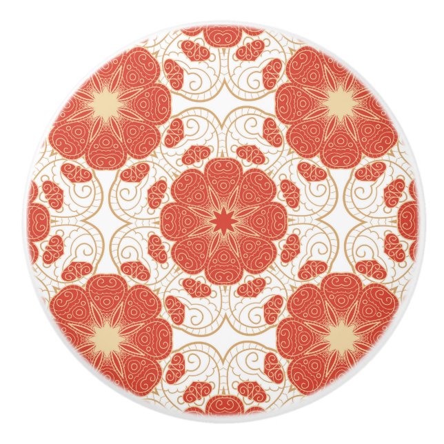 Red And Gold Floral Lace Pattern Ceramic Knob (Front)