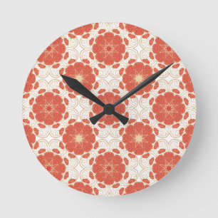 Red And Gold Floral Lace Pattern Round Clock