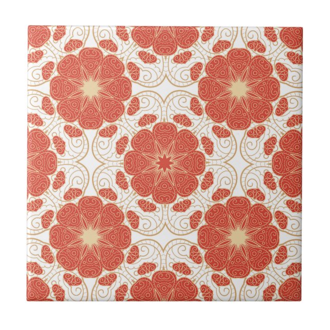 Red And Gold Floral Lace Pattern Tile (Front)