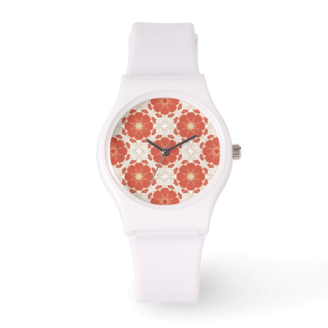 Red And Gold Floral Lace Pattern Watch (Front)