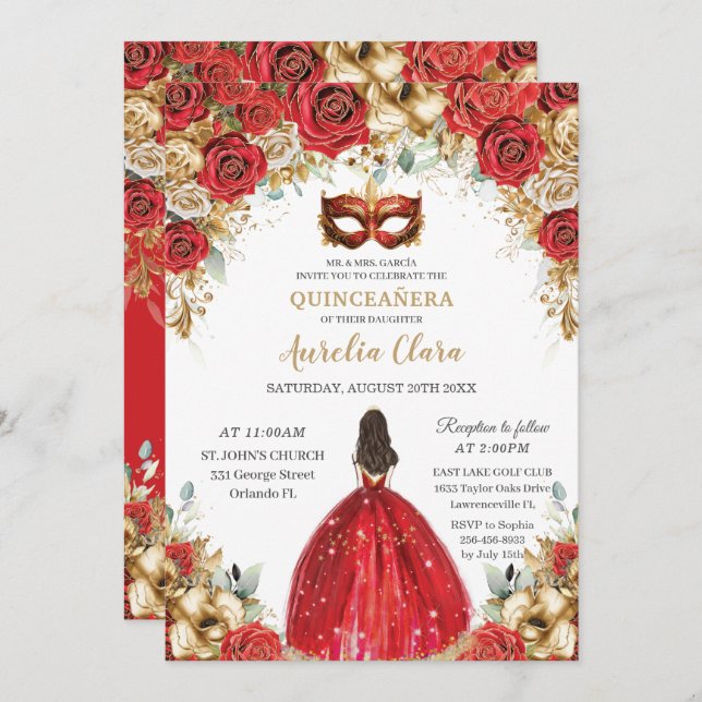 Red and Gold Floral Masquerade Ball Quinceañera Invitation (Front/Back)