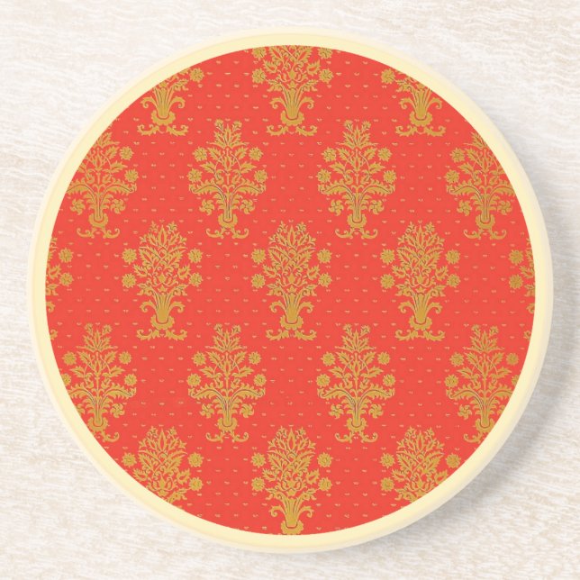 Red And Gold Floral Pattern Coaster (Front)