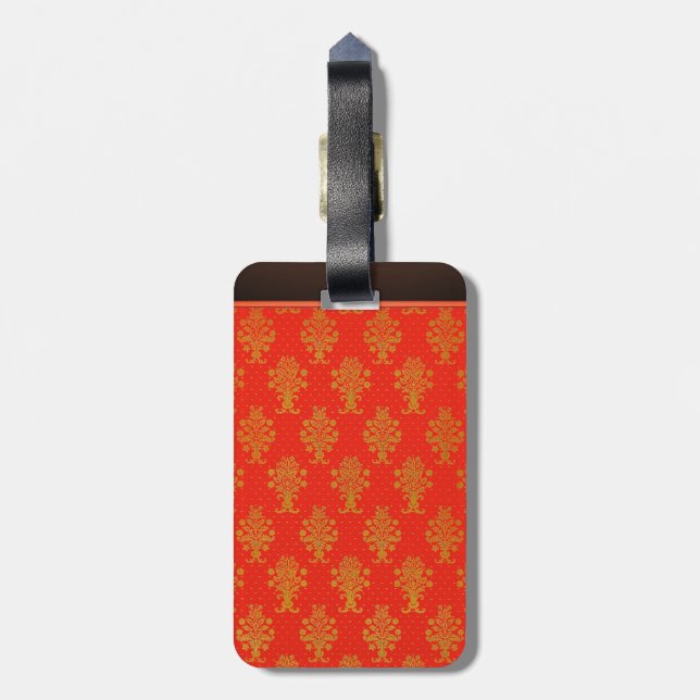 Red And Gold Floral Pattern Luggage Tag (Back Vertical)