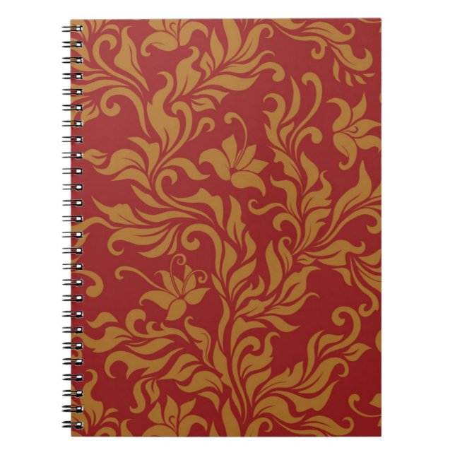 Red and Gold Floral Pattern Spiral Notebook (Front)