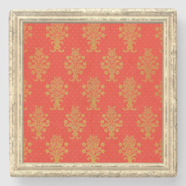 Red And Gold Floral Pattern Stone Coaster (Front)