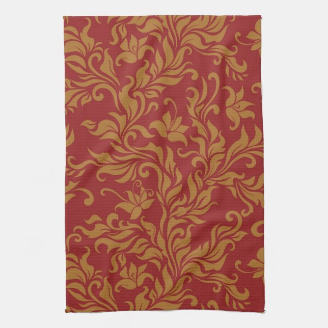 Red and Gold Floral Pattern Tea Towel (Vertical)