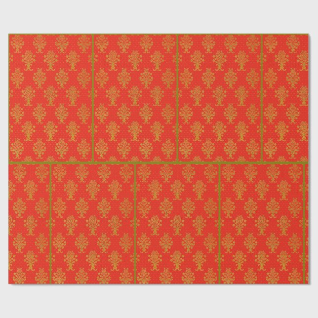 Red And Gold Floral Pattern Wrapping Paper (Flat)