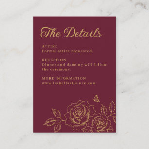 Red and Gold Floral Quinceañera Details Enclosure Card