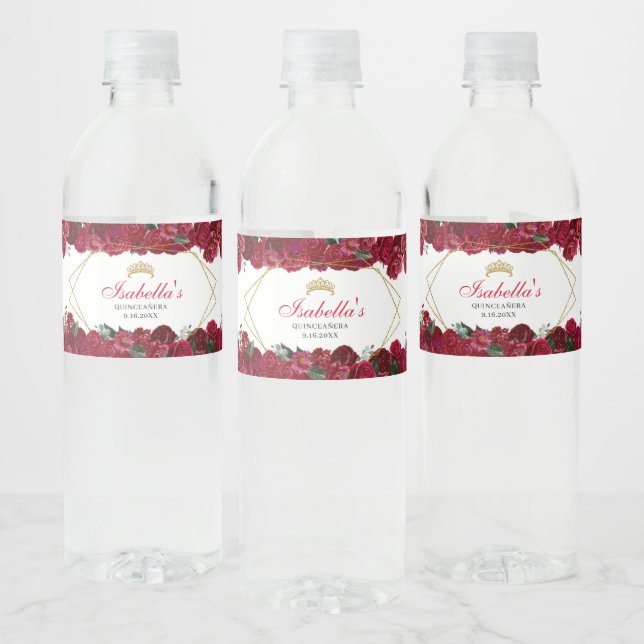 Red and Gold Floral Quinceanera Water Bottle Label (Bottles)