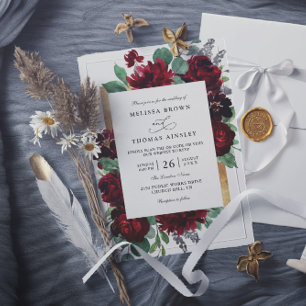 Red and Gold Floral Rustic Chic QR Code Wedding Invitation