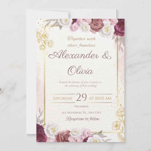 Red and Gold Floral Rustic Elegant White Wedding Invitation (Front)