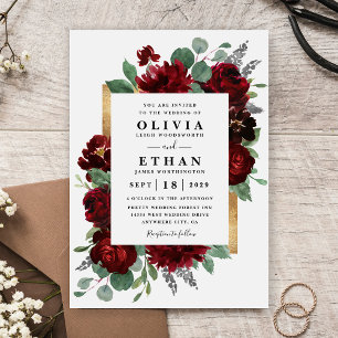 Red and Gold Floral Rustic Elegant White Wedding Invitation