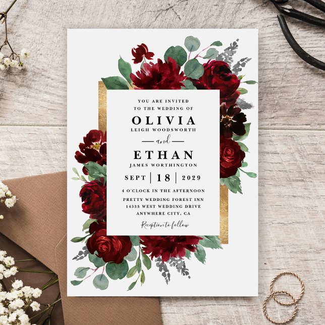 Red and Gold Floral Rustic Elegant White Wedding Invitation (Creator Uploaded)