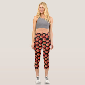 Red and Gold Floral Scattered Black Background Capri Leggings