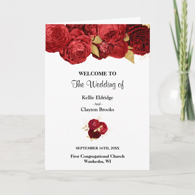 Red And Gold Floral Wedding Folded Program Programme (Front)