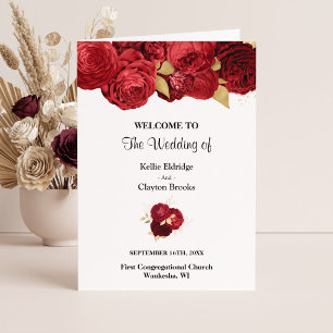Red And Gold Floral Wedding Folded Program Programme