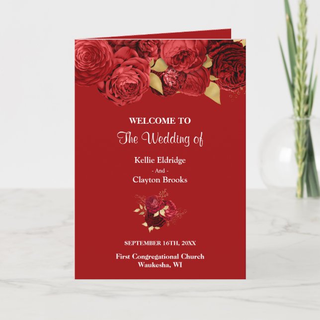 Red And Gold Floral Wedding Folded Program Programme (Front)