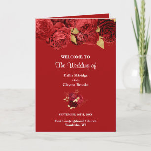 Red And Gold Floral Wedding Folded Program Programme