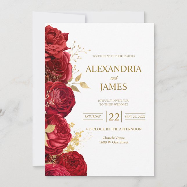 Red And Gold Floral Wedding Invitation (Front)