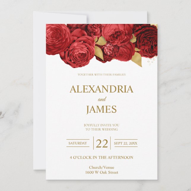 Red And Gold Floral Wedding Invitation (Front)
