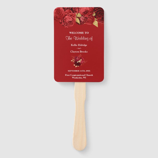 Red And Gold Floral Wedding Program Hand Fan (Front)