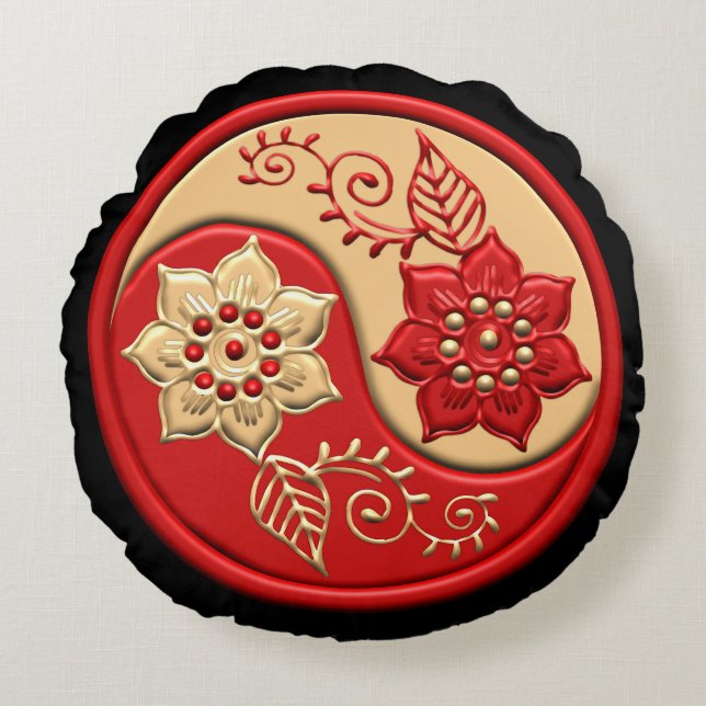Red and Gold Floral Yin Yang Round Cushion (Front)