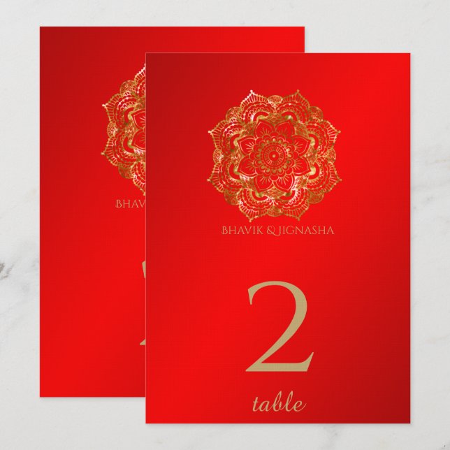 Red and Gold Flower Indian Table Number (Front/Back)