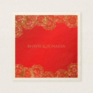 Red and Gold Flower Indian Wedding Napkin